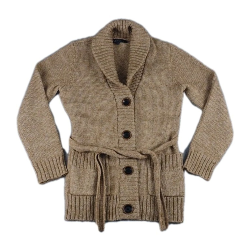 Ak Anne Klein Wool Blend Cardigan Women's LG Camel Knit Sweater Chunky Belted - Picture 1 of 11